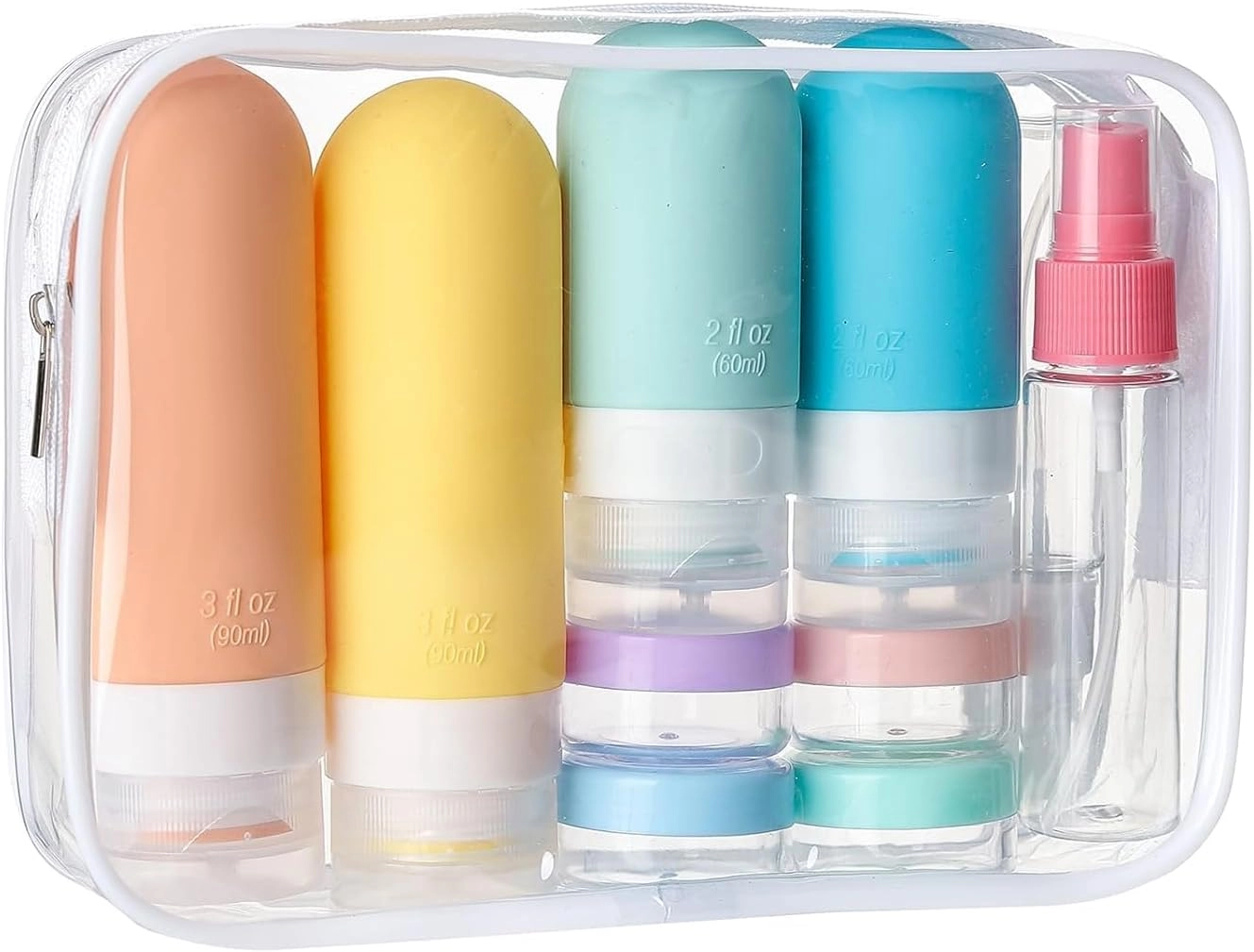 Kit de Frascos de Viagem, 17 Itens, Silicone e Plástico, com Necessaire Transparente, 60ml e 90ml (Multicor) : Beleza