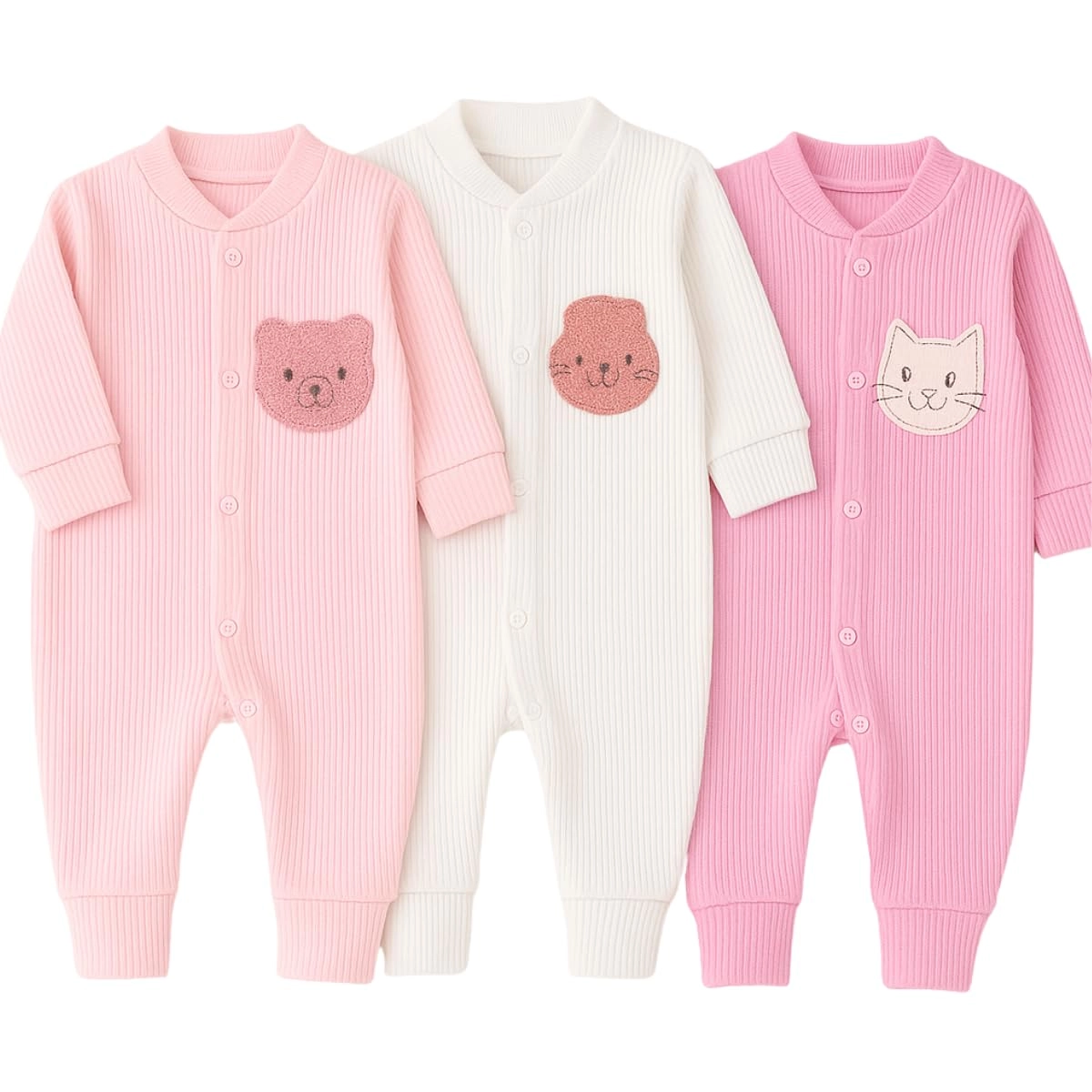 Kit 3 Macacão Para Bebê Canelado Bordado Vira Pé Menina Feminino - P Ao G (Menina, P)