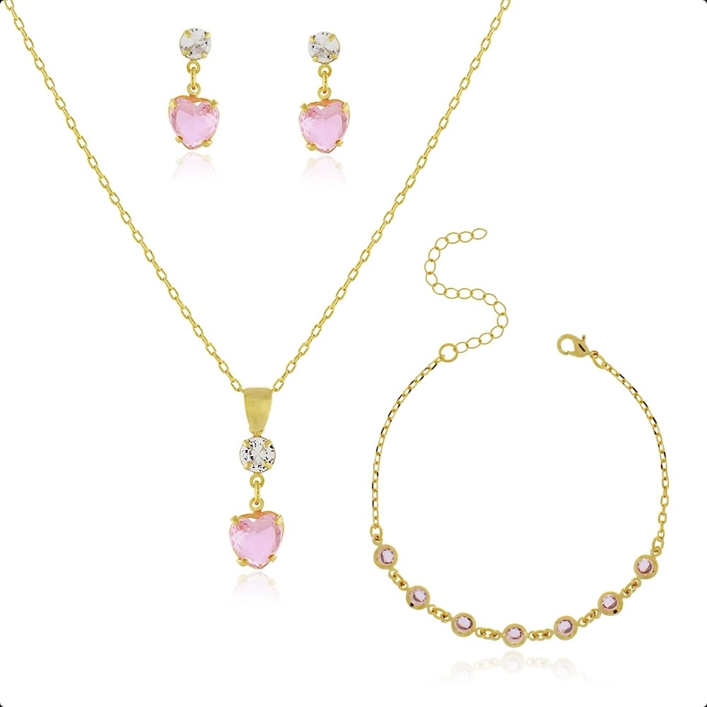 Kit Semijoia Banhado Ouro 18k - Pulseira, Corrente, Pingente e Brincos Coração Rosa