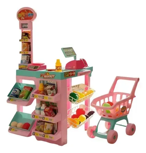 Mercadinho Infantil Caixa Registradora Com Carrinho Compras Rosa
