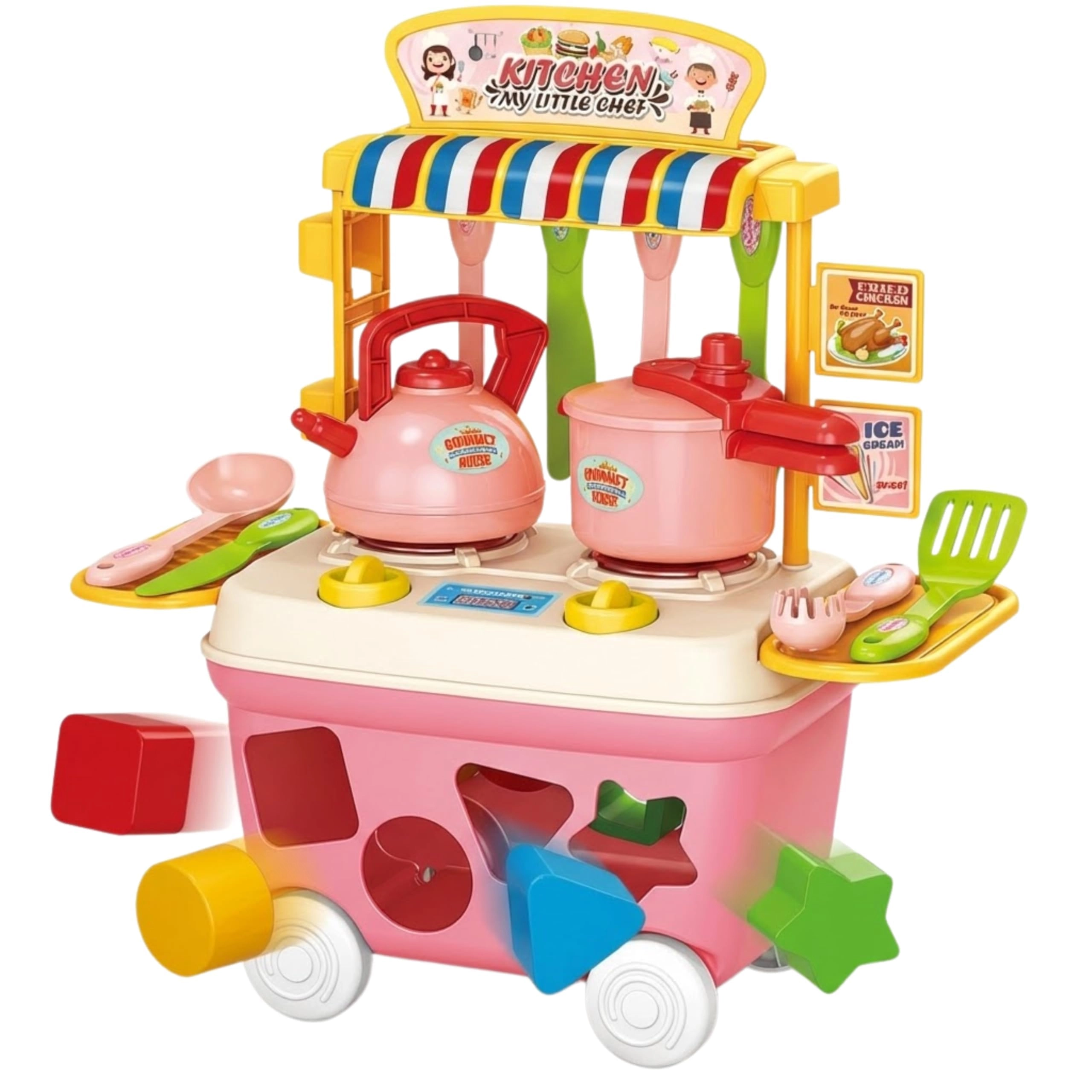Kinderland Toys Cozinha Infantil Brinquedo Educativo Montessori com Quebra Cabeça de Letras para Menina e Menino Presente Criativo 1 2 3 4 Anos Carrinho de Atividades com Acessórios Completo (Rosa)