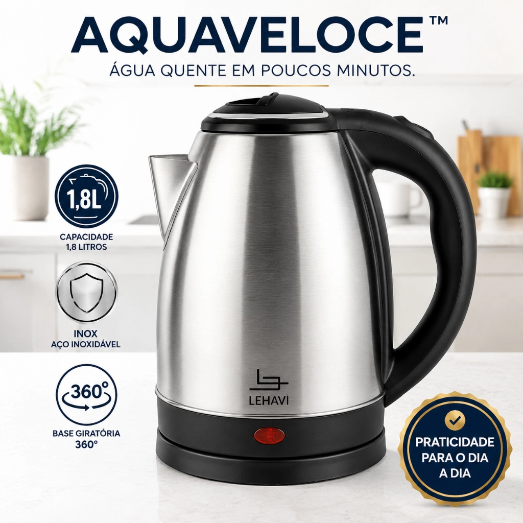 Chaleira Elétrica Inox 1,8L 220V Base Giratória 360° Alta Potência Aquecimento Rápido AquaVeloce