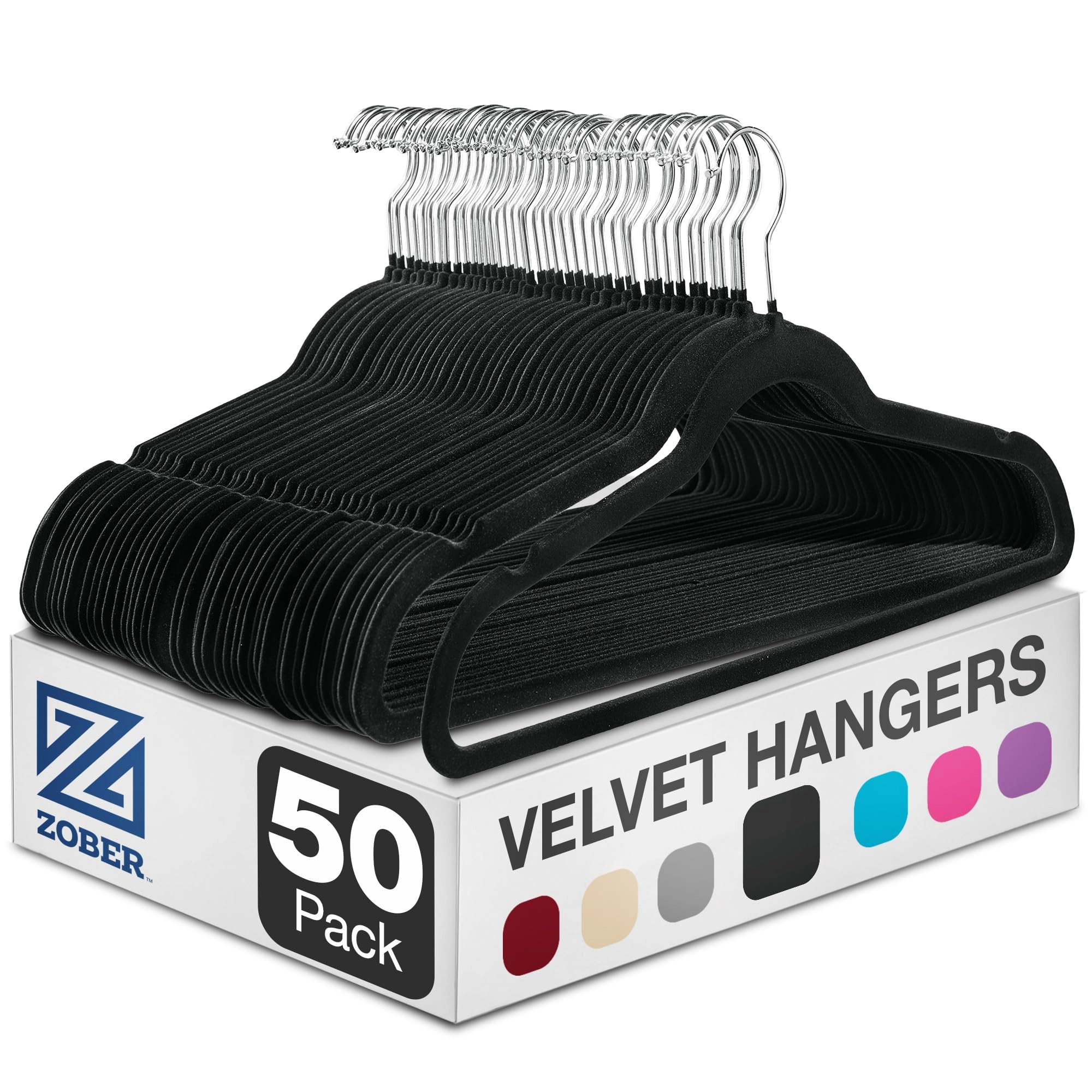 Zober Pacote com 50 cabides de veludo - cabides pretos resistentes para casacos, calças e roupas sociais - Conjunto de cabides antiderrapantes - Cabides de feltro para roupas que economizam espaço