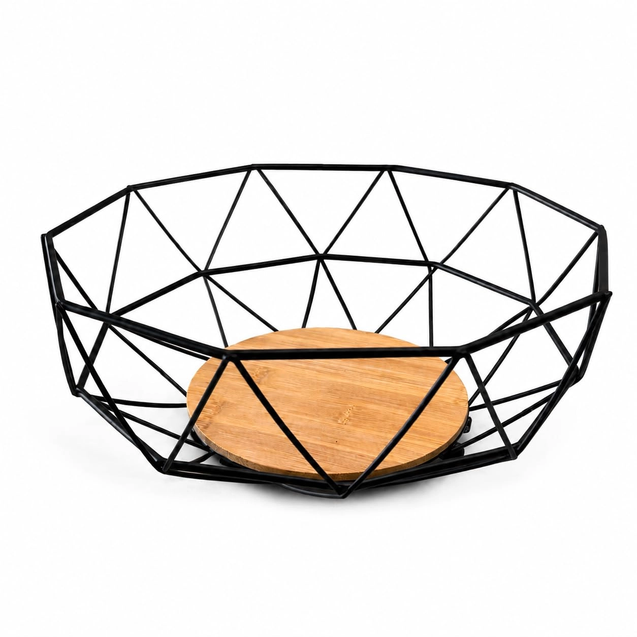 Fruteira Geométrica 28cm Preta Base Madeira Mesa Bancada Moderna