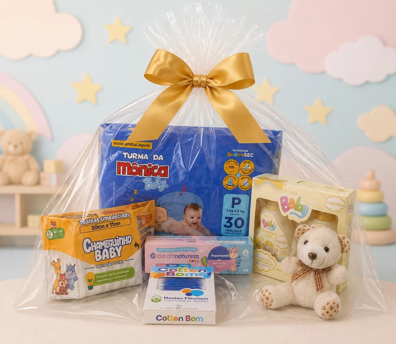 Kit Chá de Bebê com Fraldas, Toalhas e Chaveiro De Pelúcia