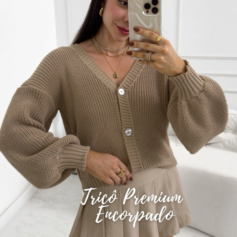 Casaco Tricô Premium Manga Bufante Cardigan Feminino Elegante Tricô Grosso Inverno Encorpado