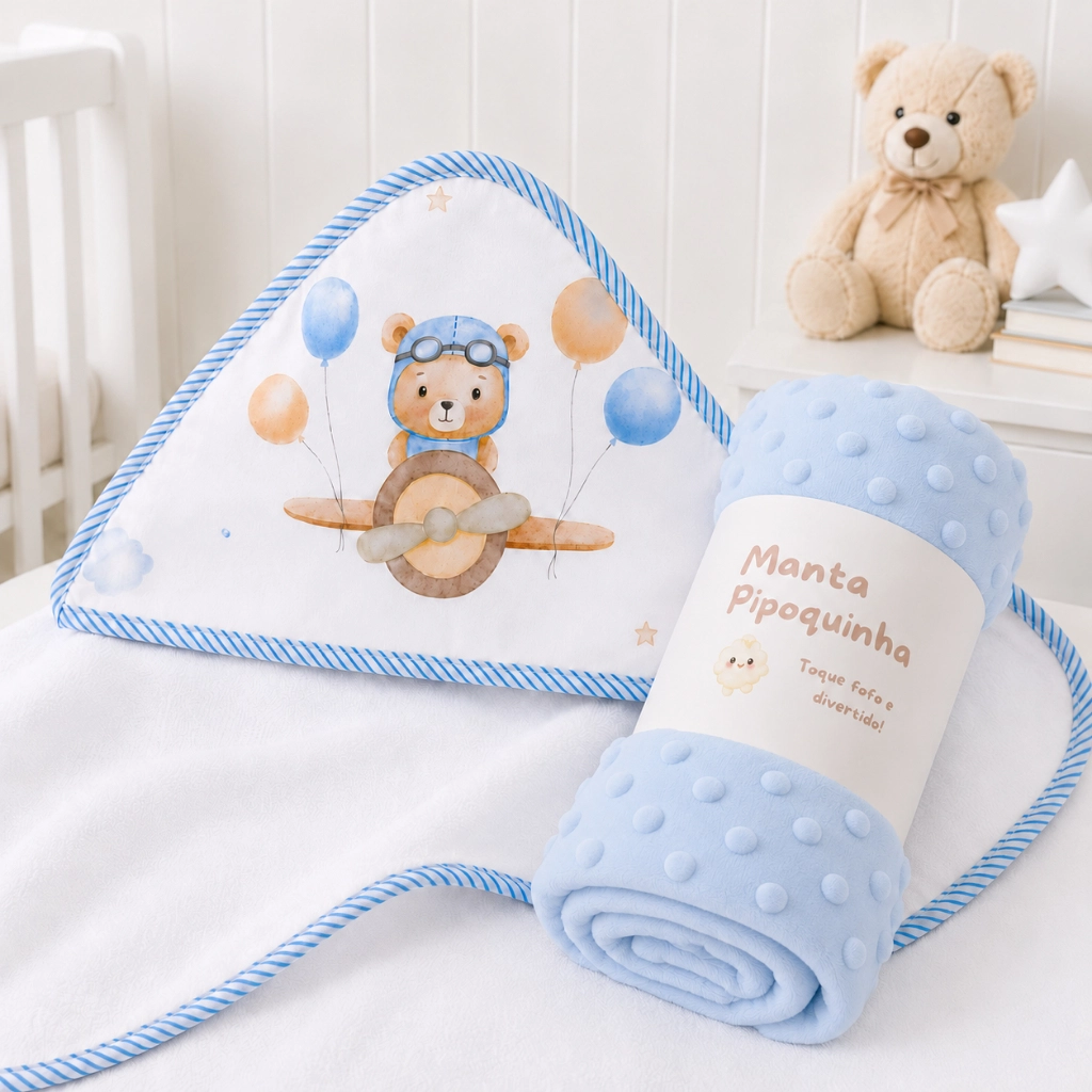 Kit Bebê 2 Peças Manta e Toalha de Banho com Capuz Enxoval Maternidade Menino Menina