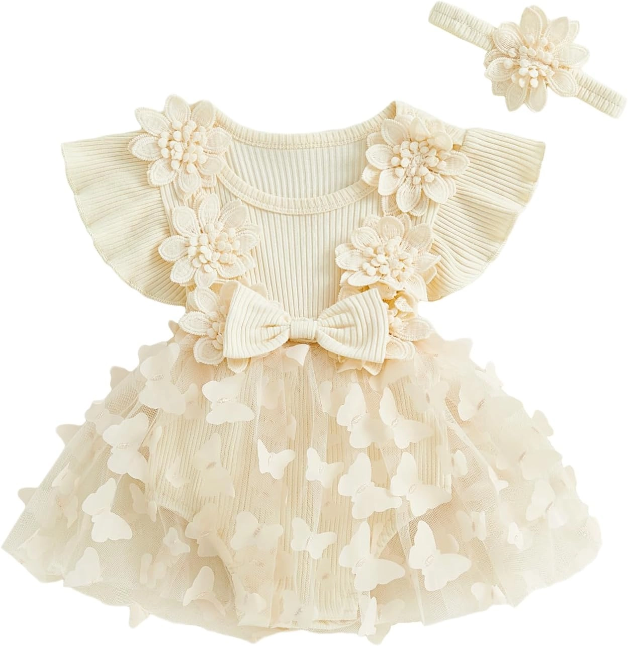 MERSARIPHY Vestidos para recém-nascidos, roupa de verão para meninas, babados, manga curta, renda, malha, tutu e conjunto de roupas para fotografia, Borboleta bege, 9-12 Meses