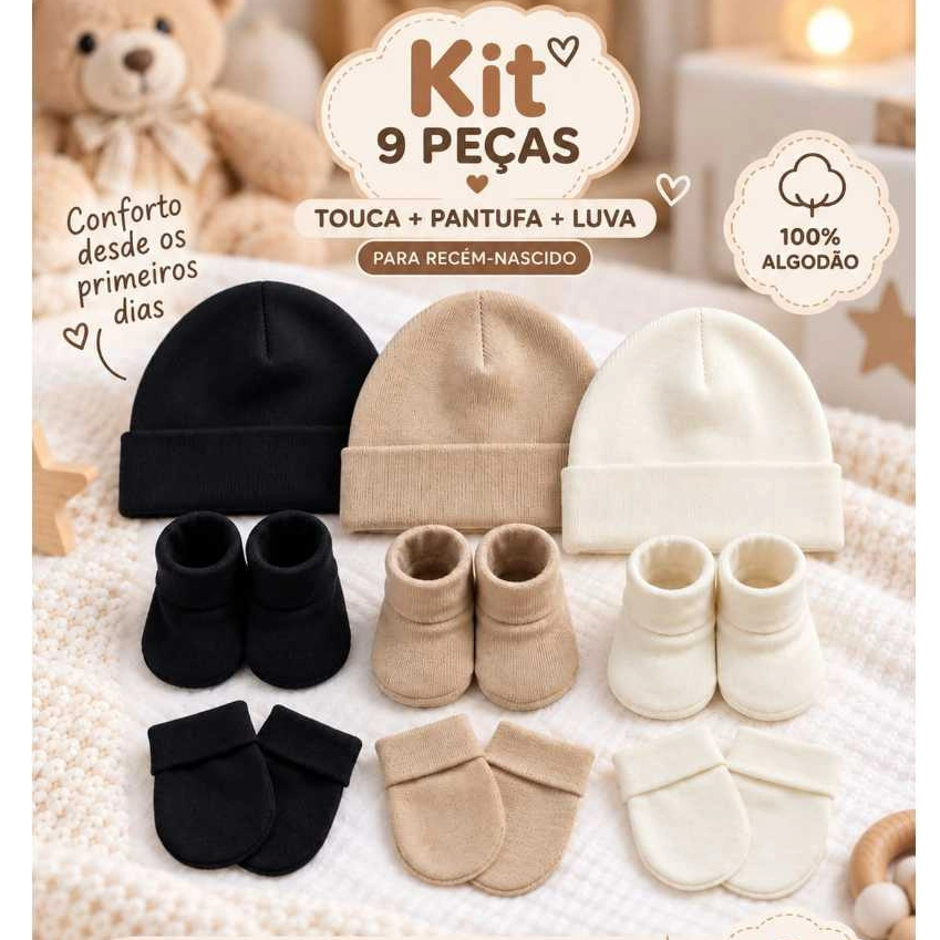 Kit Enxoval Recem Nascido Bebê 9 Peças Touca Luva e Pantufa Algodão Suedine Maternidade Enxoval Menino e Menina