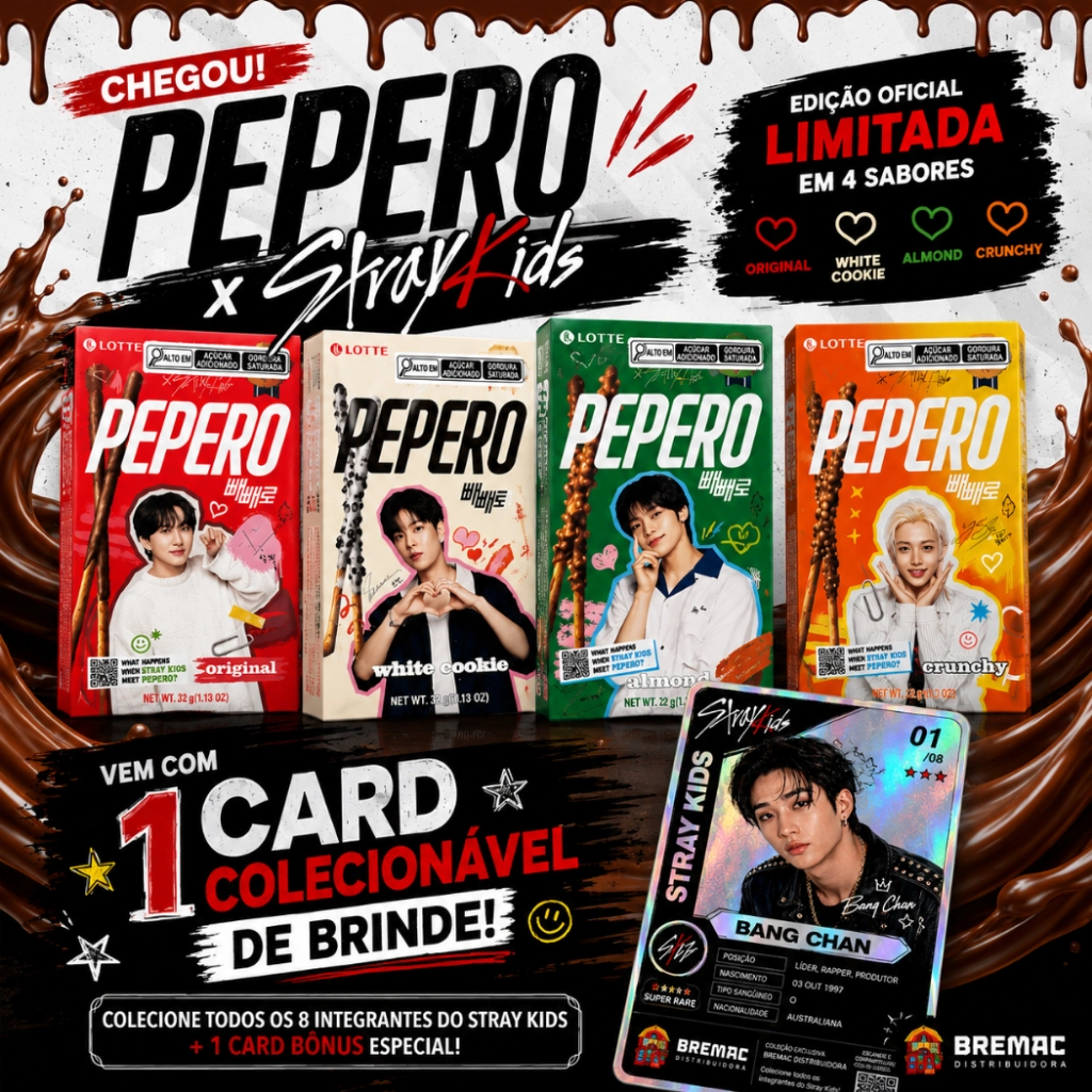 PEPERO STRAY KIDS Biscoito Palitos Coreano com Chocolate - Pepero + Card Colecionável