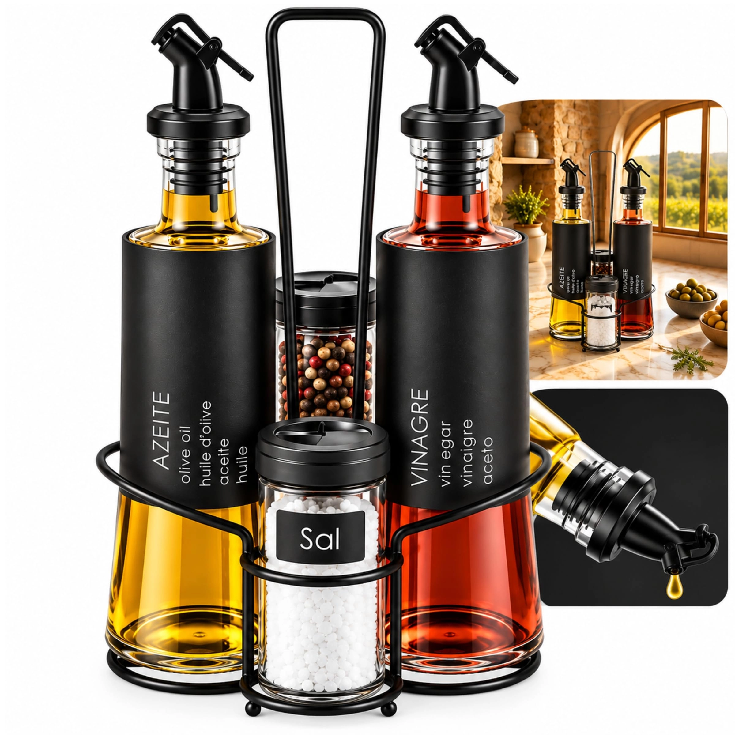 Jogo Galheteiro de Vidro Grande 5 Peças 300ml com Bico Dosador - Porta Temperos com Suporte Metálico e Tampa Antivazamento - 1 Azeite e 1 Vinagre 300ml + 2 Condimentos 85ml Premium