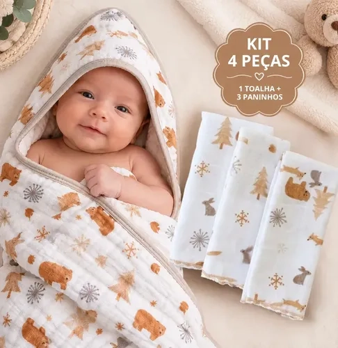 Kit Toalha Capuz Bebê + 3 Paninhos De Boca Algodão