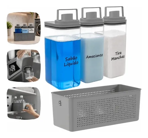 Kit Cesto Organizador + 3 Dispenser Lavanderia Porta Sabão