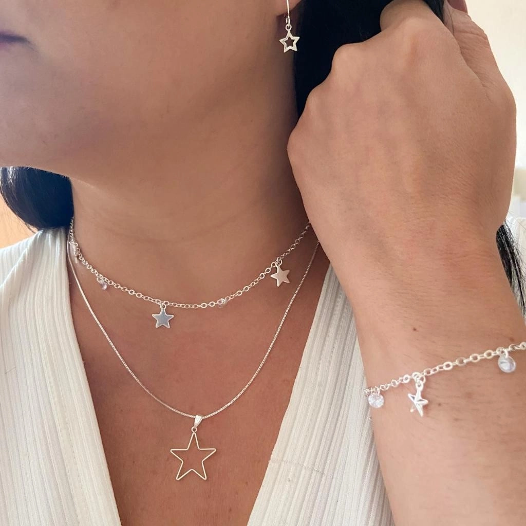 Kit Colar pulseira pingente estrela zircão adequado para namorada banhado a  Ouro 18k e prata 925