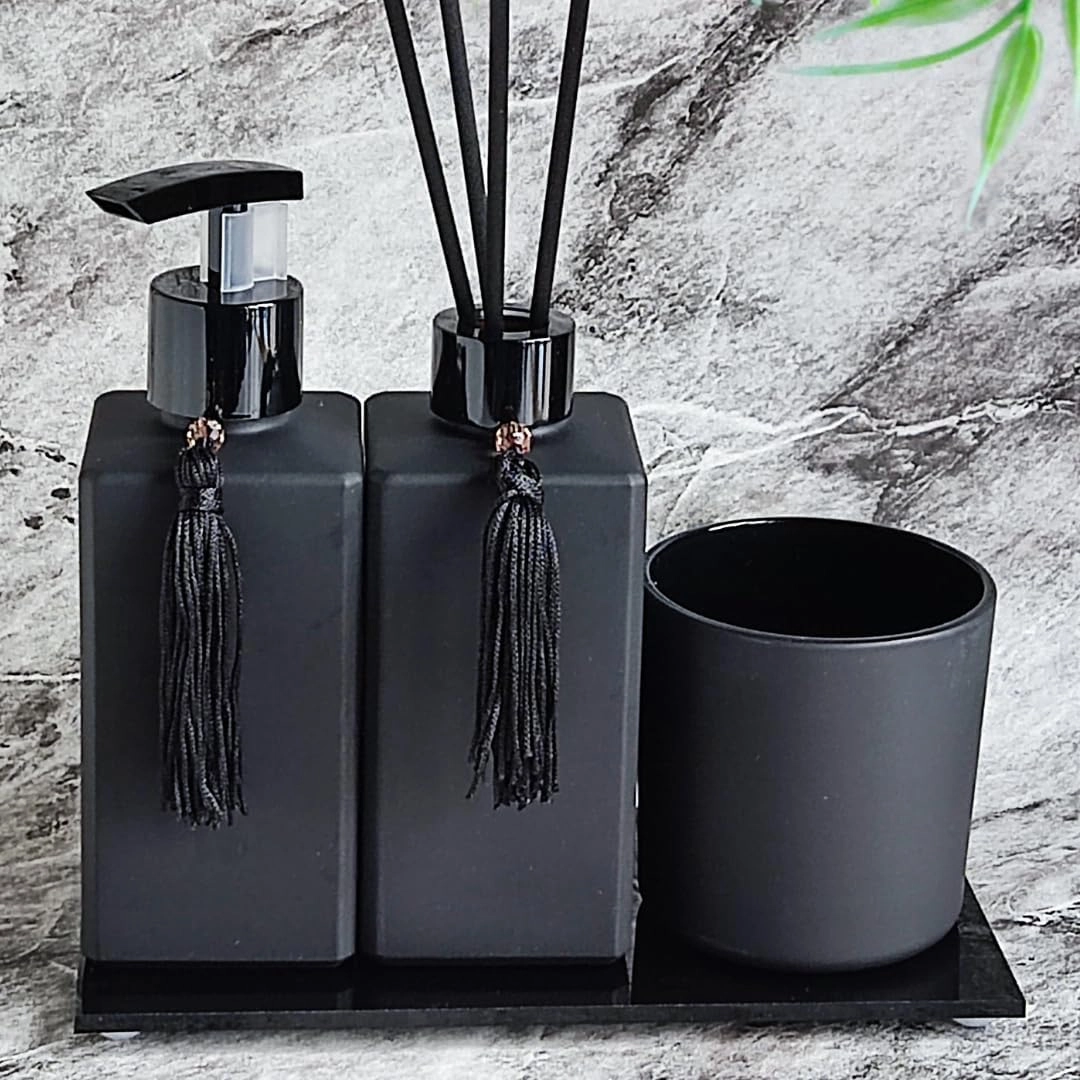 Kit Para Lavabo e Banheiro Difusor Porta Sabonete Líquido Porta Escova e Pincel Bandeja Decorativa-Dispenser Organizadores e Decoração Para Banheiro-Preto