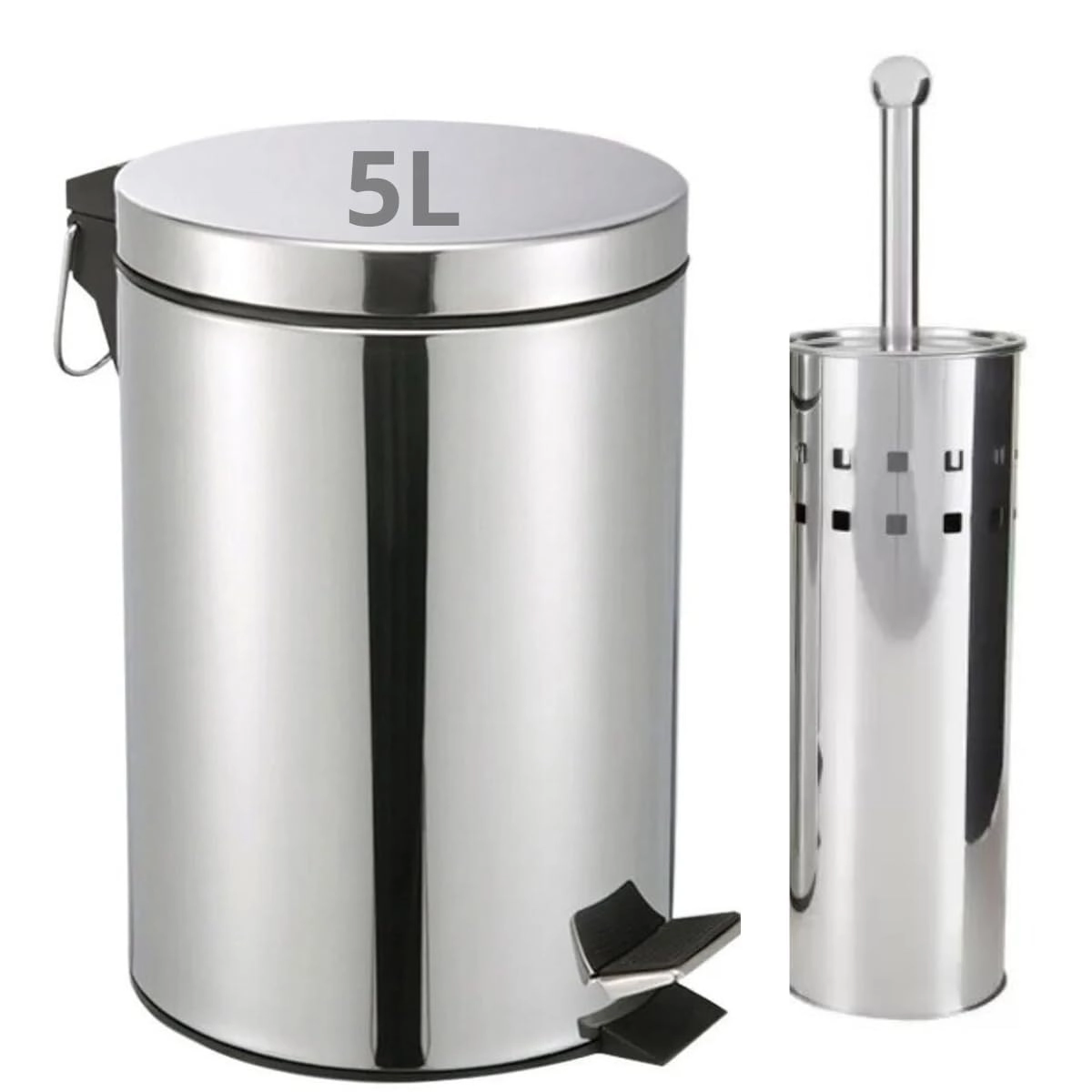 Kit Lixeira De Aço Inox 5L Com Pedal e Escova Sanitária Inox - Ideal Para Banheiros Premium, Residencial e Comercial