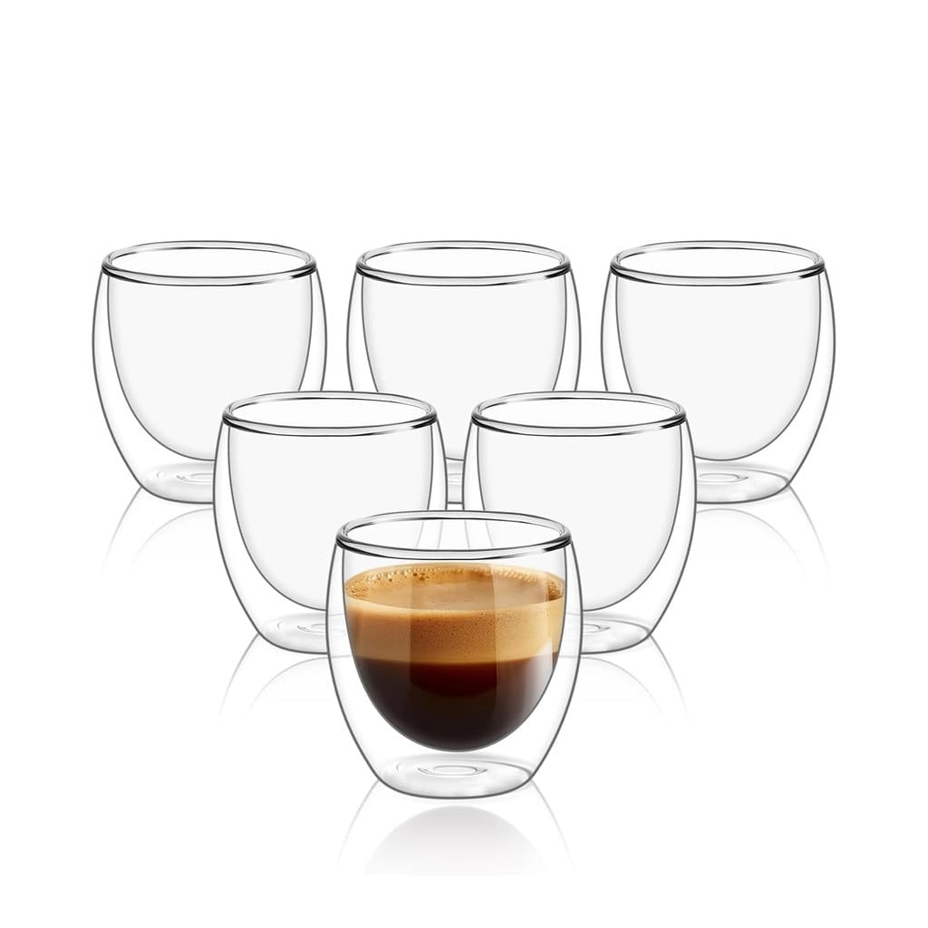 Conjunto com 6 Xícaras de 80ml Vidro para Café de Parede Dupla, Feito de Vidro Borossilicato - Kit de Xícaras para Chá, Café e Bebidas Quentes- Presente Elegante