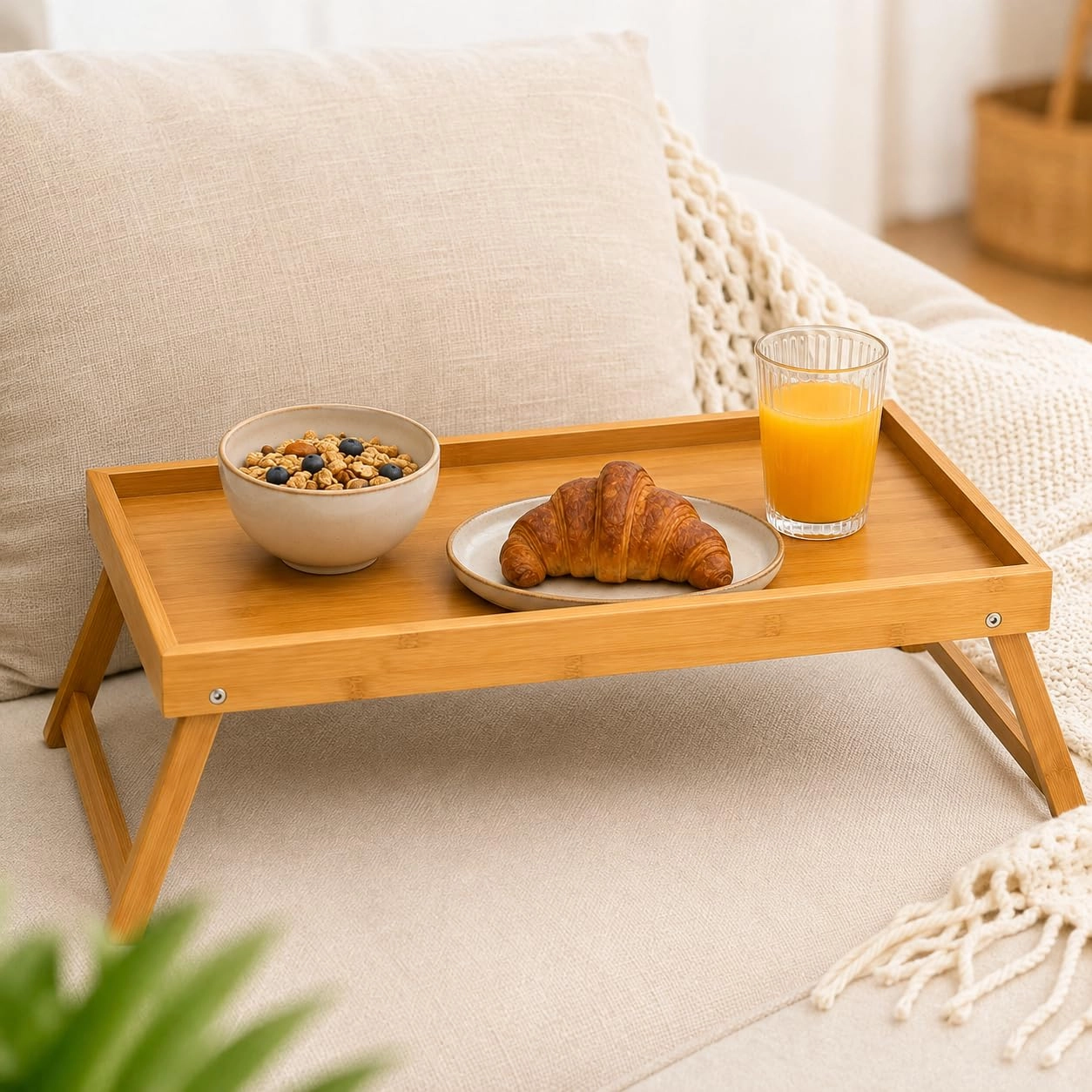 Bandeja para Cama e Sofá em Bambu Premium 50 x 30 x 20 cm – Mesa Dobrável para Notebook, Café da Manhã, Home Office, Estudos e Refeições : Cozinha