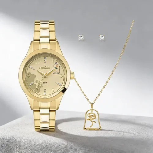 Relógio Condor Mini Dourado para Mulheres com Kit de Acessórios Bela e a Fera