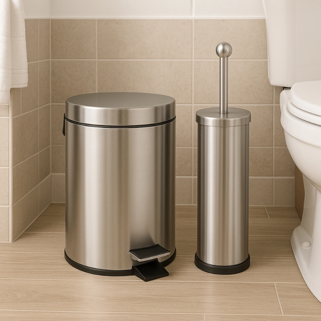 Kit Lixeira Inox Pedal Cesto De Lixo + Escova Sanitária Inox Kit Lavabo Lixeira de Banheiro
