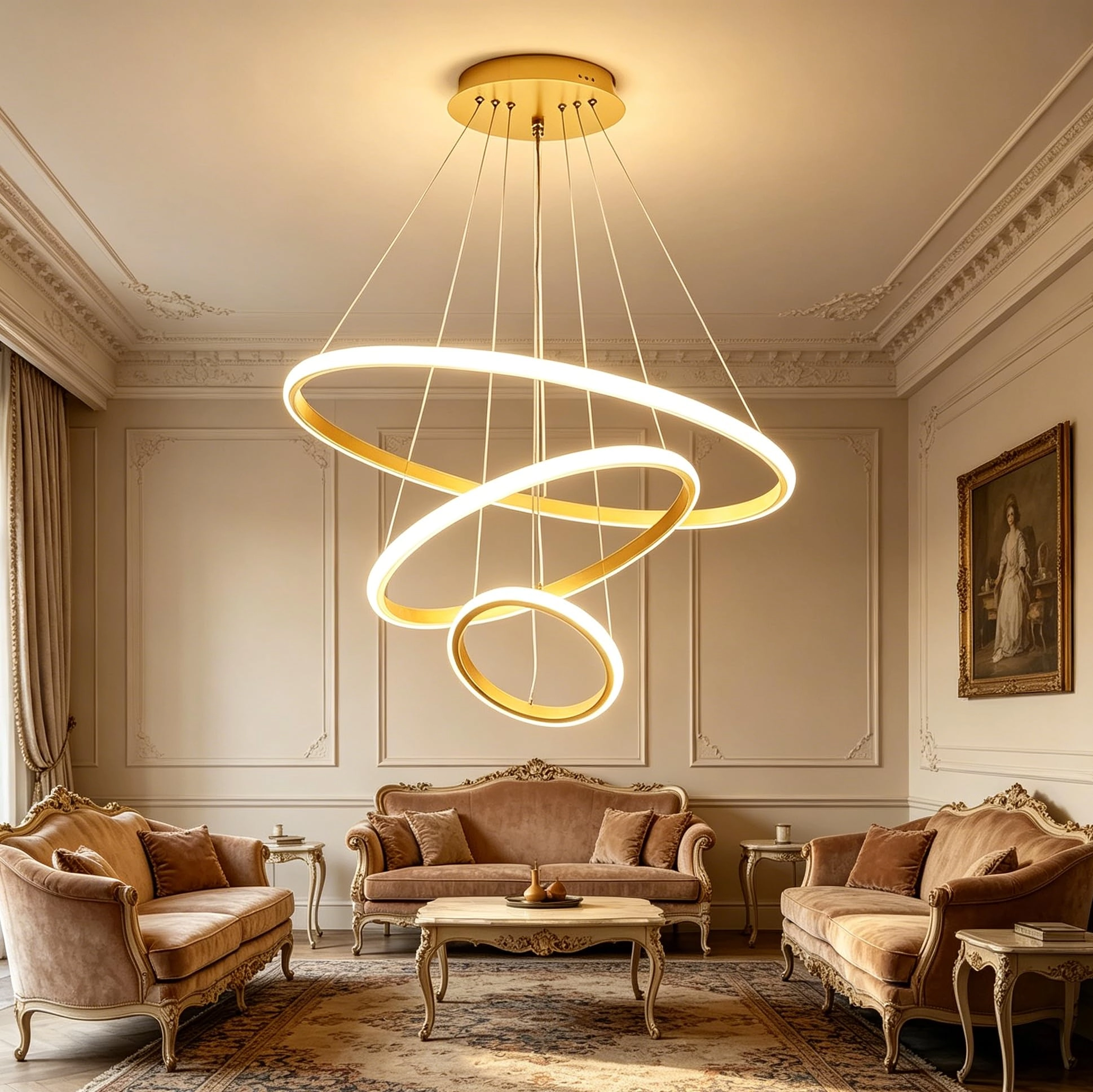 Luminária Pendente LED com 3 Anéis e Design Geométrico Ajustável DIY | Lustre Moderno de Altura e Forma Customizável com 3 Temperaturas de Cor para Sala de Estar, Quarto e Sala de Jantar (Ouro)
