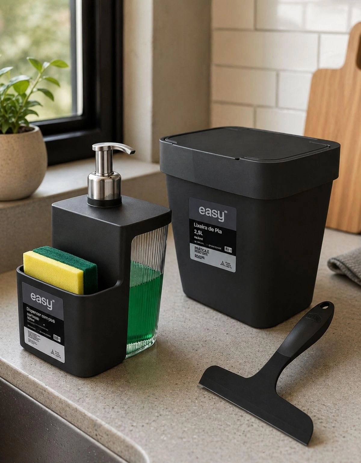 KIt Dispenser de Detergente, Lixeira e Rodinho de Pia : Casa