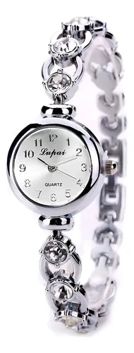 Relógio Prata Feminino De Pulso Quartz Pulseira Com Pedras Correia Prateado Bisel Prateado Fundo Prateado