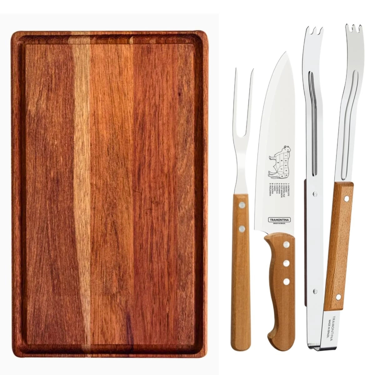 Kit para Churrasco Tramontina com Pegador Faca e Garfo Trinchante + Tabua de Corte