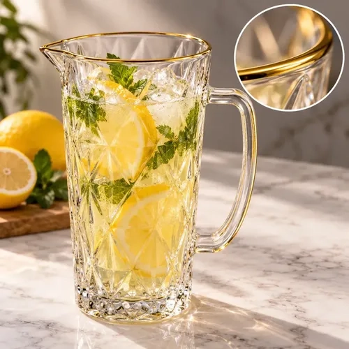 Jarra de Vidro Diamond com Fio de Ouro 1,14L Lyor Linha Mesa Posta - Perfeita para: Drinks - Água - Sucos - Vinhos - Festas - Jantares - Recepção de Casamento - Presente