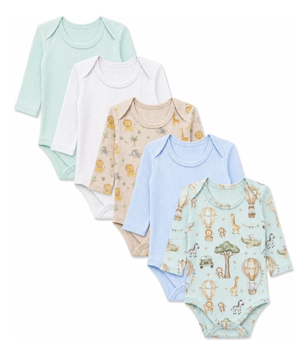 Body Bebê Menino Kit 5 Peças Manga Longa Canelado Liso e Estampado Algodão Sortidos