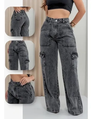 Calça Jeans Feminina Cargo Pantalona Wide Leg Cintura Alta