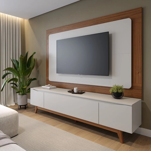 Rack Com Painel Para Tv Até 75 Polegadas Mdf 180cmx187,9cm Pés Em Madeira Maciça Flynt Oslo Bege Off White