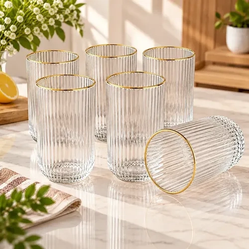 Jogo 6 Copos De Vidro Canelado 420ml Borda Dourada Elegante