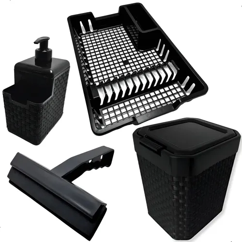 Kit Organizador de Pia Arqplast Rattan Preto com 4 Peças: Escorredor, Lixeira, Porta Detergente, Rodo