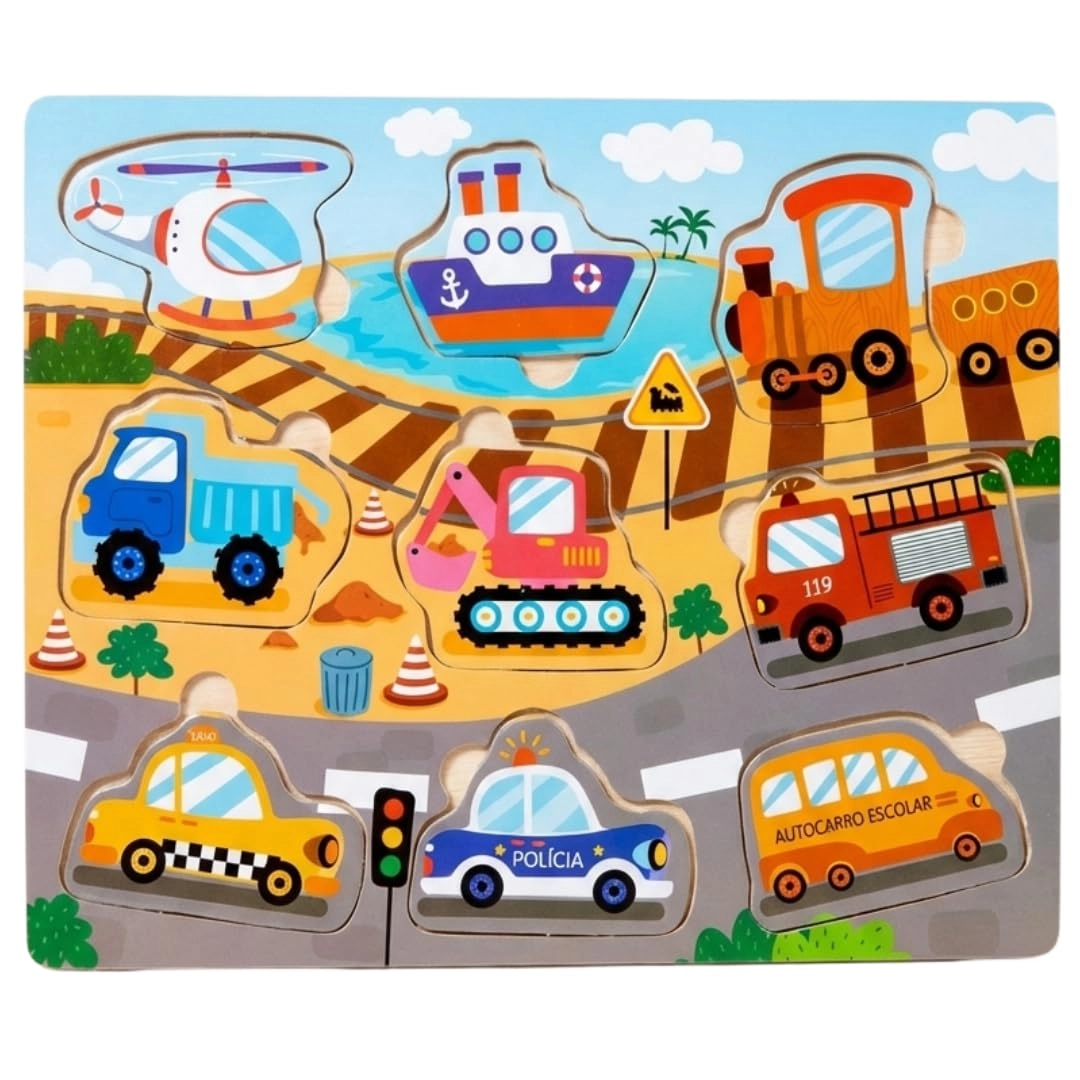 Kinderland Toys Quebra-Cabeça Infantil Montessori de Madeira - Brinquedos Educativos 1 2 3 Anos ou Mais - Carrinho e Meios de Transporte - Presente Criativo para Menina e Menino