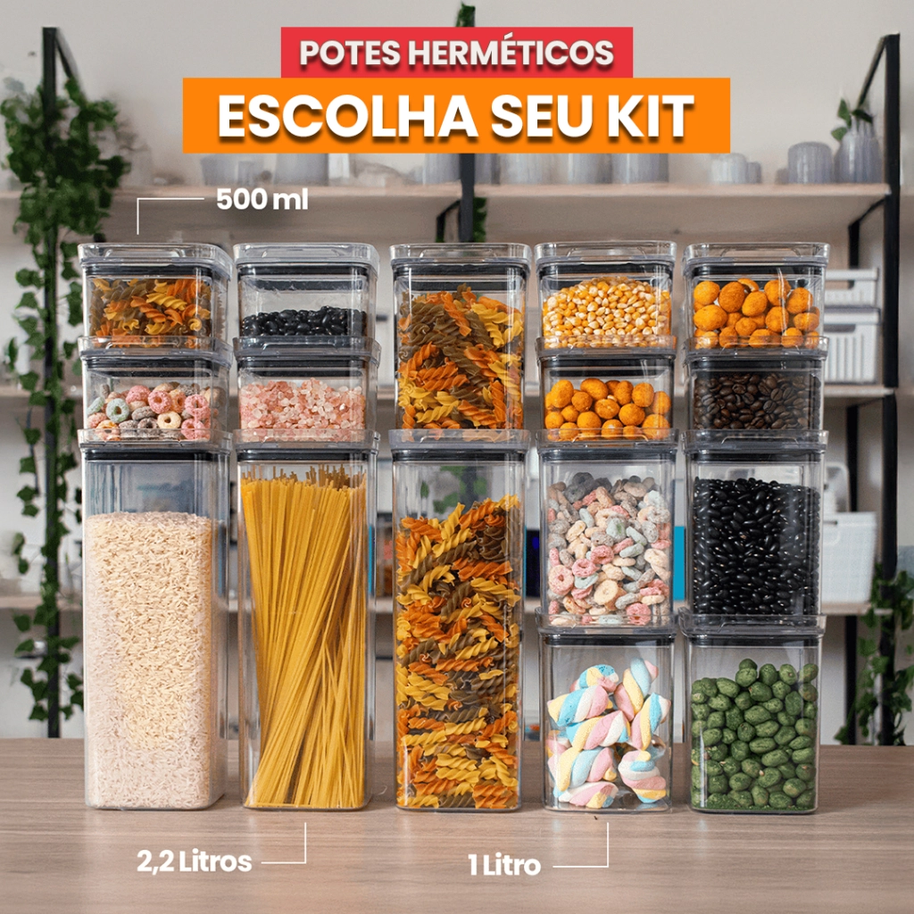 Kit Potes Herméticos Porta Mantimentos Acrílico Empilháveis Quadrado Resistente Cozinha Dispensa