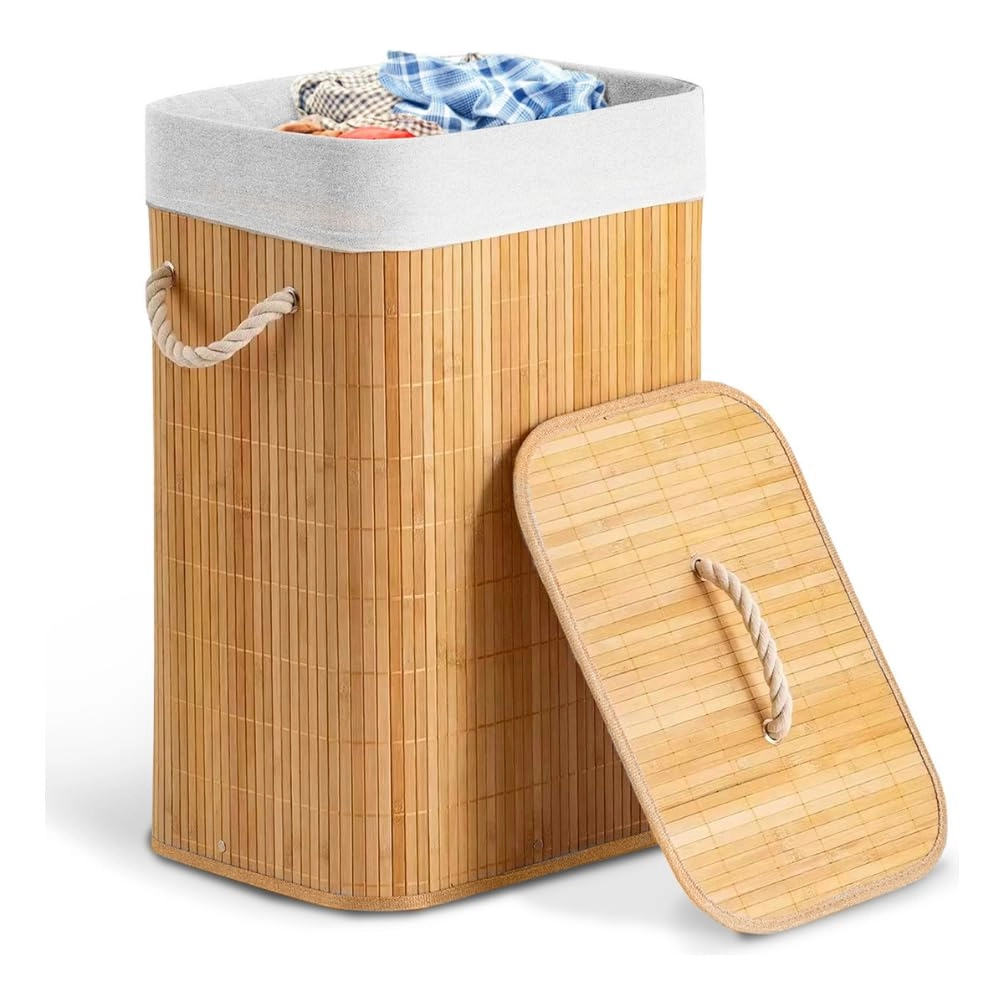 Cesto de Bambu Roupa Suja em Bambu Natural com Tampa 60L Alças de Corda Forro Removível Ideal Para Lavanderia Área de Serviço Banheiro e Quarto Premium