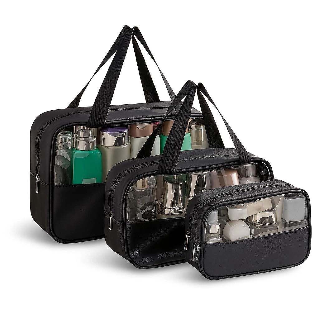 Kit Necessaire Transparente 3 em 1 Bolsa de Viagem para Maquiagem e Higiene Pessoal Unissex – Grande Capacidade, Organizador em PVC Impermeável, Ideal para Academia, Mala, Mala de Mão (Preto)