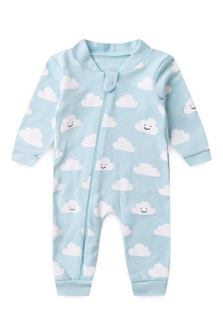 Macacão Bebê sem Pé com Zíper Suedine Estampado (RN/P/M/G/1) - Azul Nuvem - P