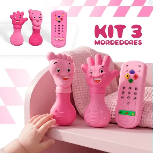 Kit 3 Mordedor Sensorial Recem Nascido Controle Remoto Borracha Babuu Brinquedos Educativos Rosa