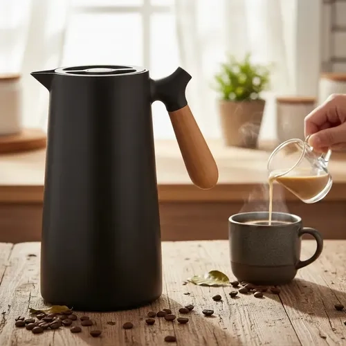 Garrafa De Café A Vácuo Chá Térmica 1L Cabo De Madeira Cor Preta