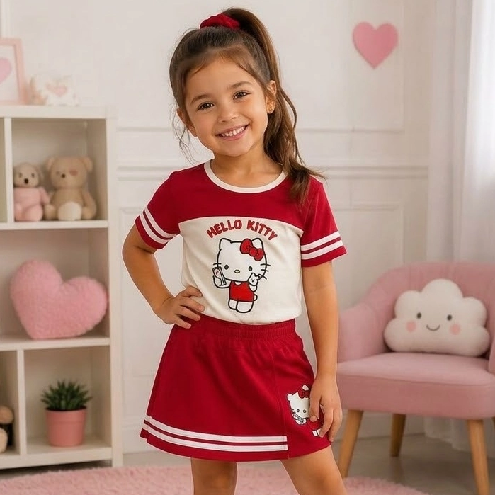 Conjunto Infantil Hello Kitty Menina Blusa E Short Saia Verão Roupa De Criança Confortável Blogueirinha