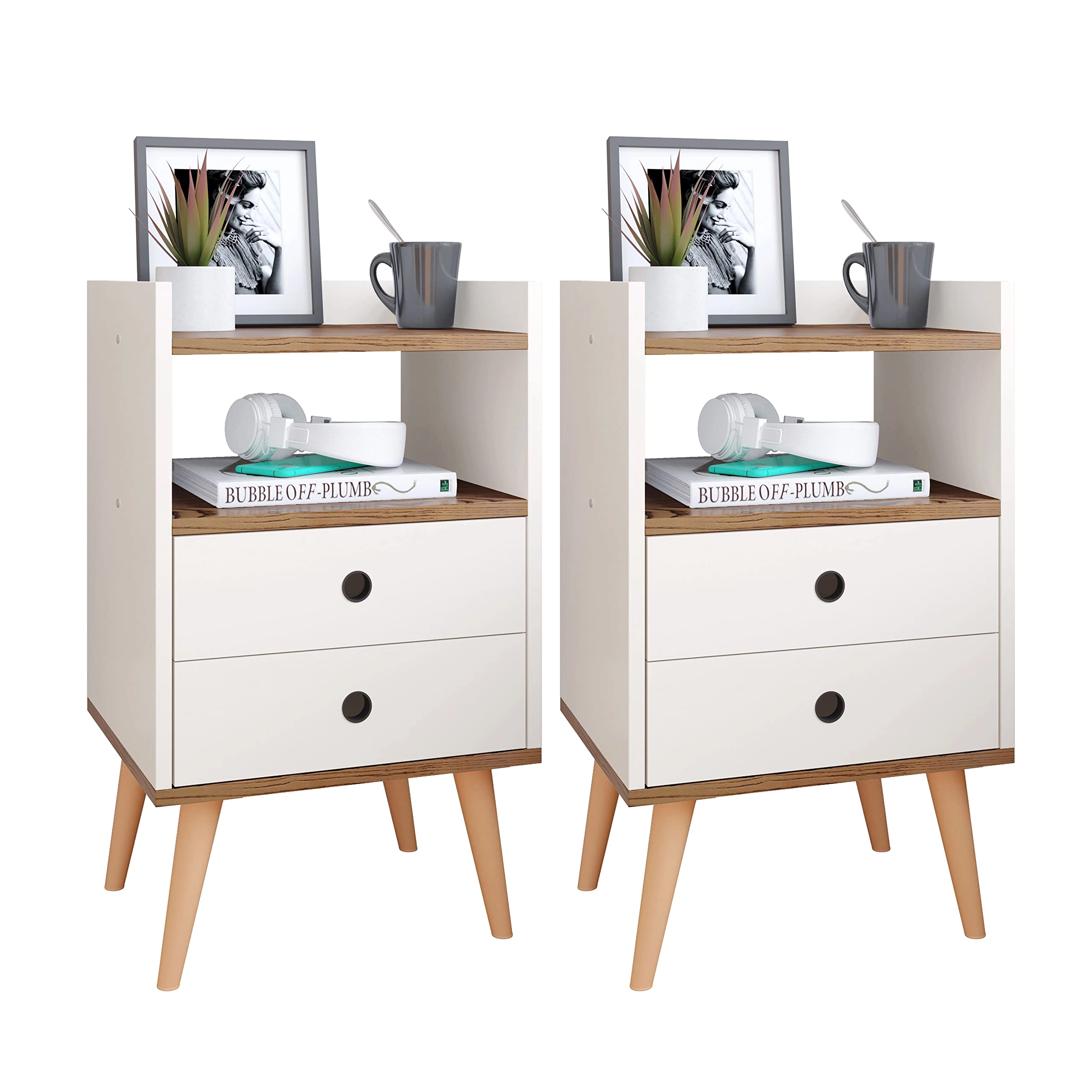 Conjunto Mesa de Cabeceira Kit Mesinha Canto Quarto Lateral Cama 2 Gavetas Organizadoras Retrô Quarto - Dream RPM