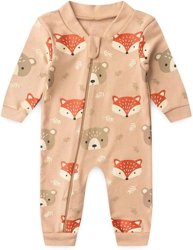 Macacão Bebê sem Pé com Zíper Suedine Estampado (RN/P/M/G/1) - Bege Raposinha - RN
