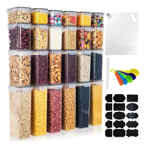 Double S Kit 24 Potes Herméticos Mantimentos Quadrado Cozinha Tampa Empilhável + 4 Sacos A Vácuo Multiuso