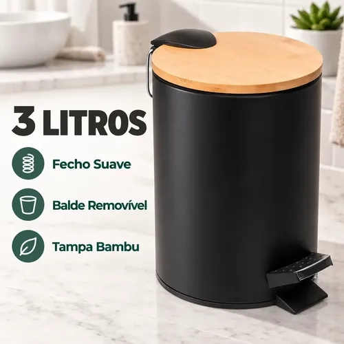 Lixeira Metálica com Pedal de 3 L, e Tampa de Bambu, da VIVATUTTO