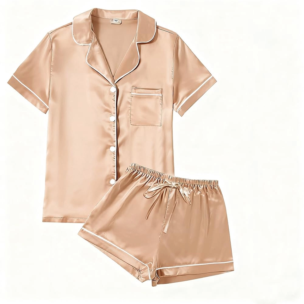 Pijama feminino de manga curta com botões macios, conjunto de 2 peças de shorts de cetim, Damasco, G