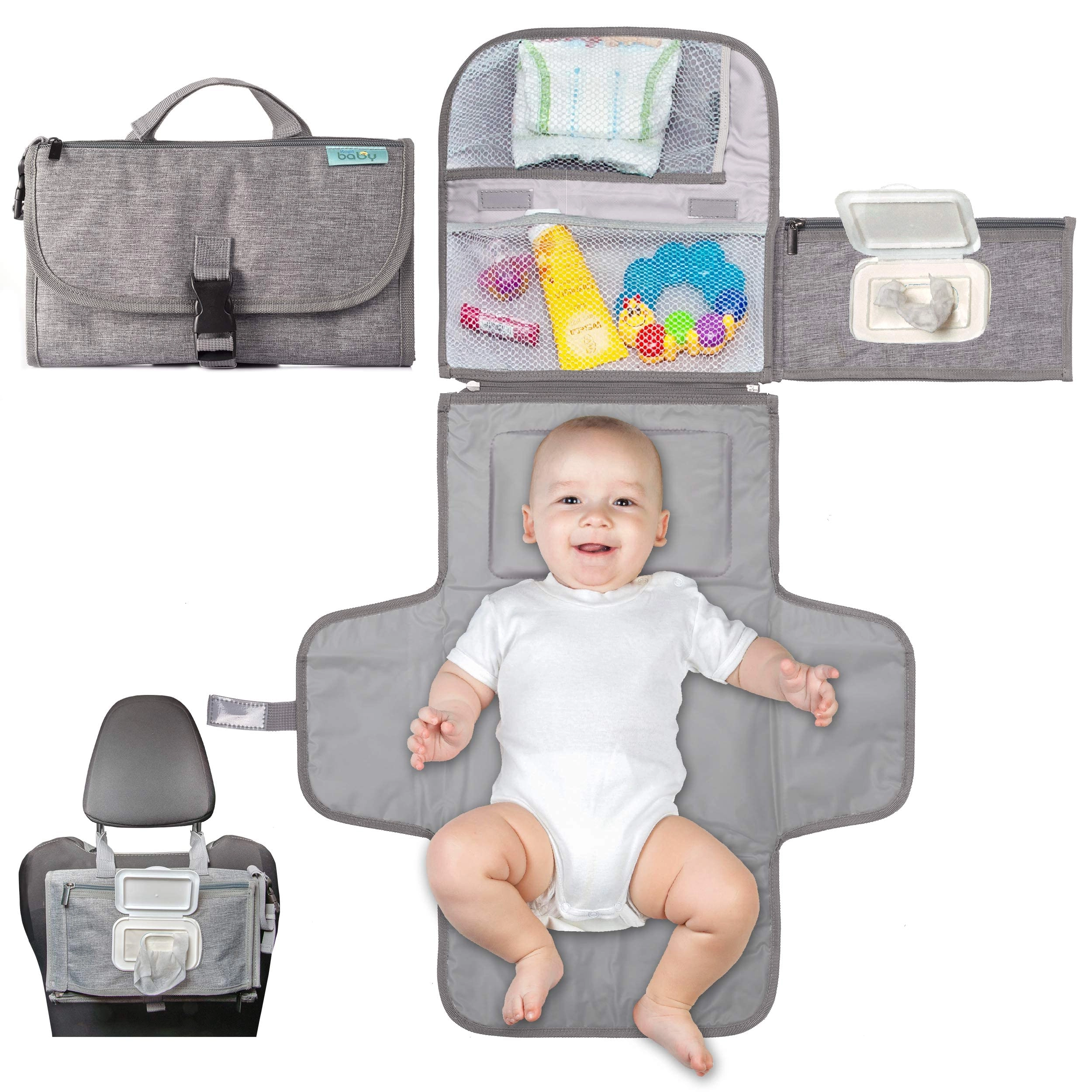 Trocador de fraldas portátil, trocador portátil para meninas e meninos recém-nascidos – trocador de bebê com bolso inteligente para lenços – Kit de troca de viagem à prova d'água –