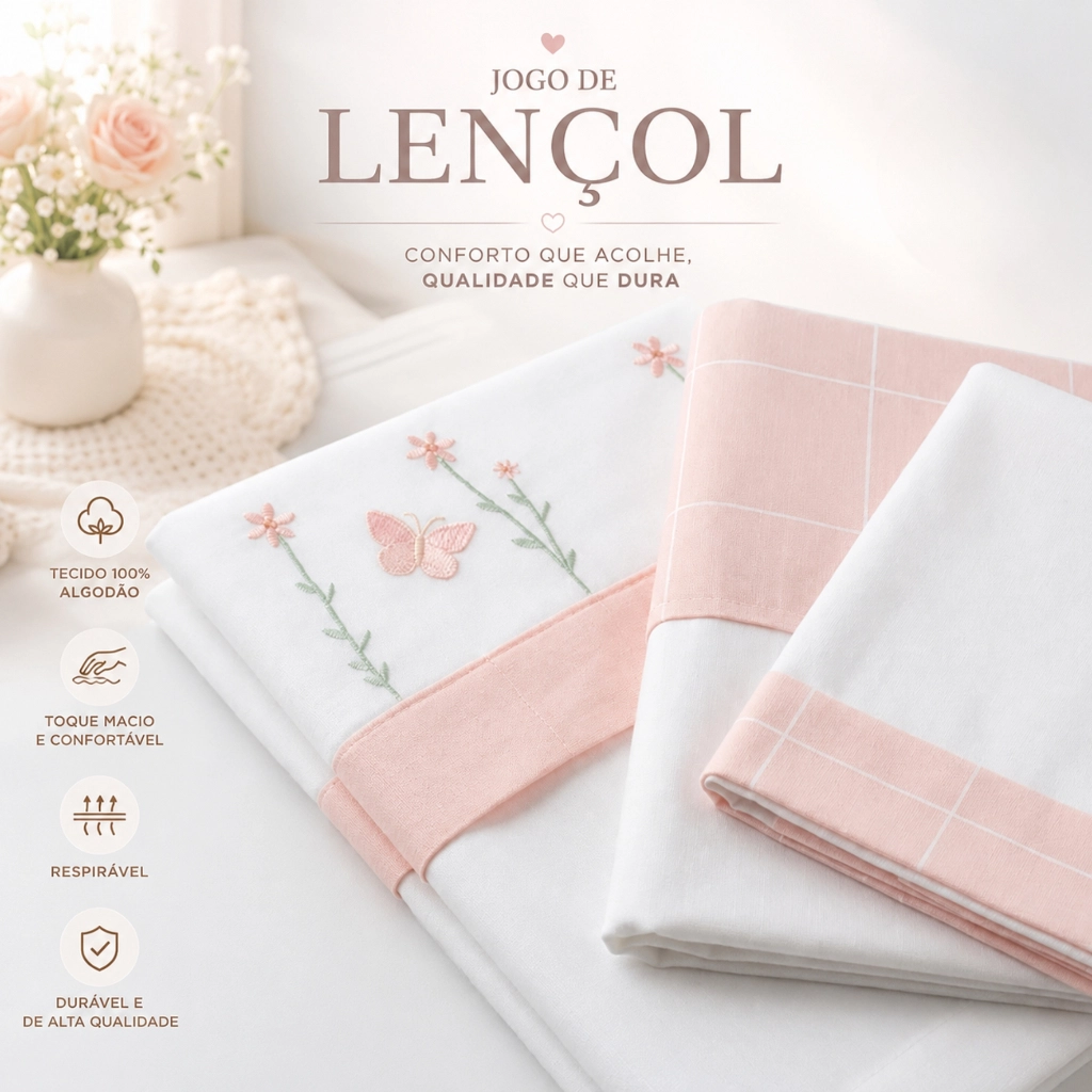 Lençol de Berço 3 Peças Algodão Premium Antialérgico Suave Ajustável