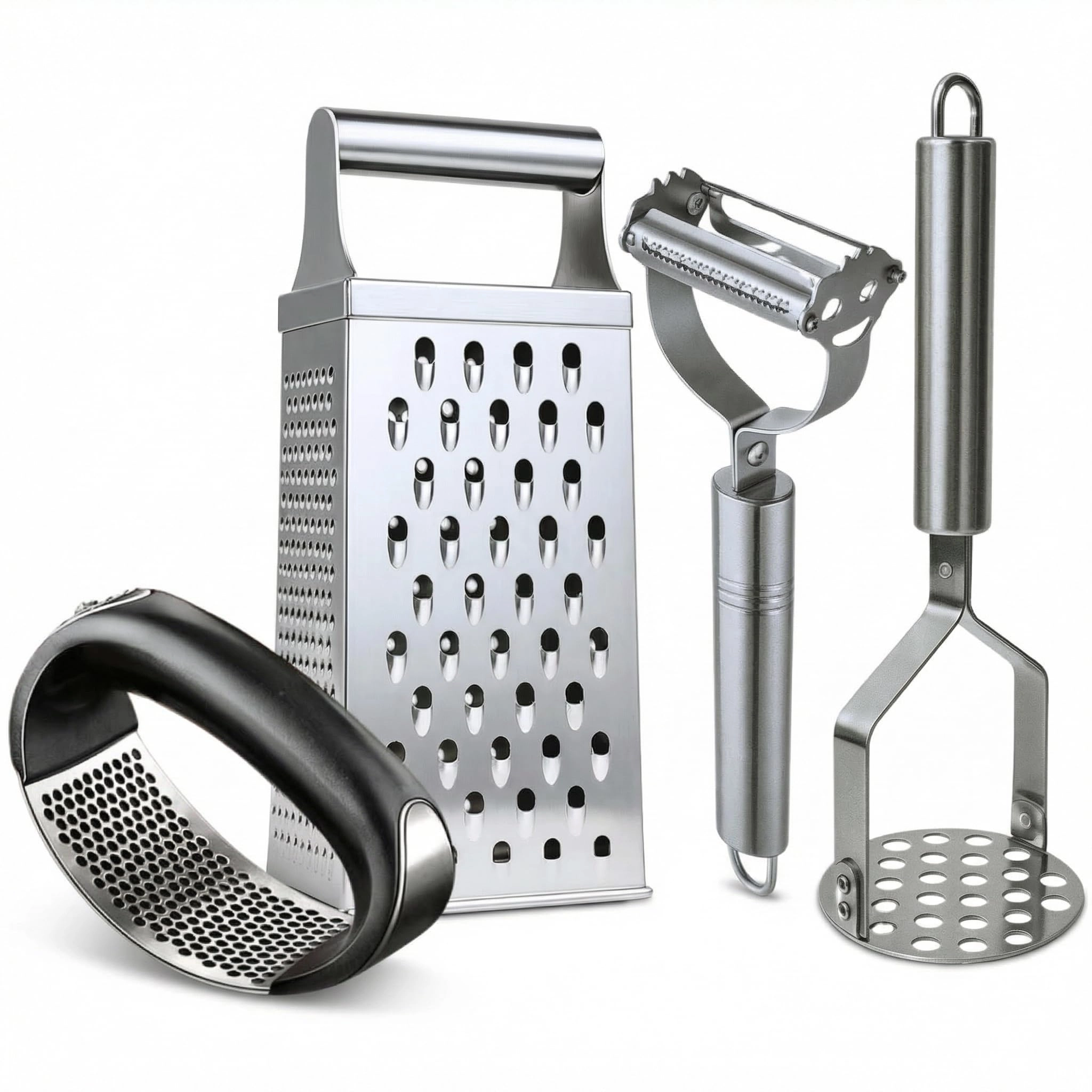 Kit 4 Utensílios para Cozinha Inox - Ralador, Descascador de Legumes, Amassador de Batata e Triturador de Alho - Aço Inoxidável